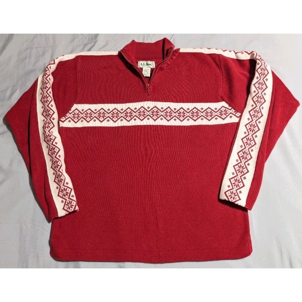 Vintage L.L.Bean Nordic Fair Isle Quarter Zip Sweater Women's Medium Red Cotton
